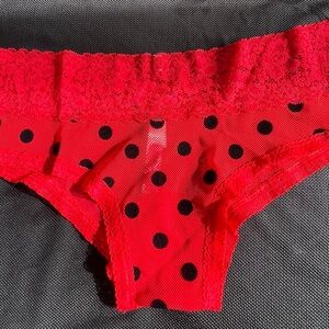 Victoria’s Secret lace tanga, cheekies, boy shorts. NWT red with black dots